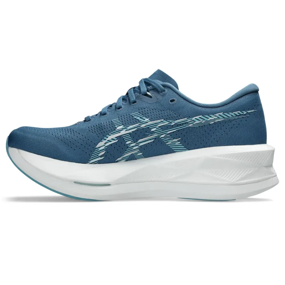 Vista lateral do tênis Asics Sonicblast masculino azul mostrando design ergonômico e detalhes do solado.